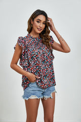 Ruffled Ditsy Floral Mock Neck Cap Sleeve Blouse - Trendsi