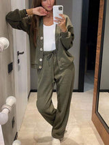 Full Size Button Up Long Sleeve Top and Pants Set - Trendsi - Flyclothing LLC
