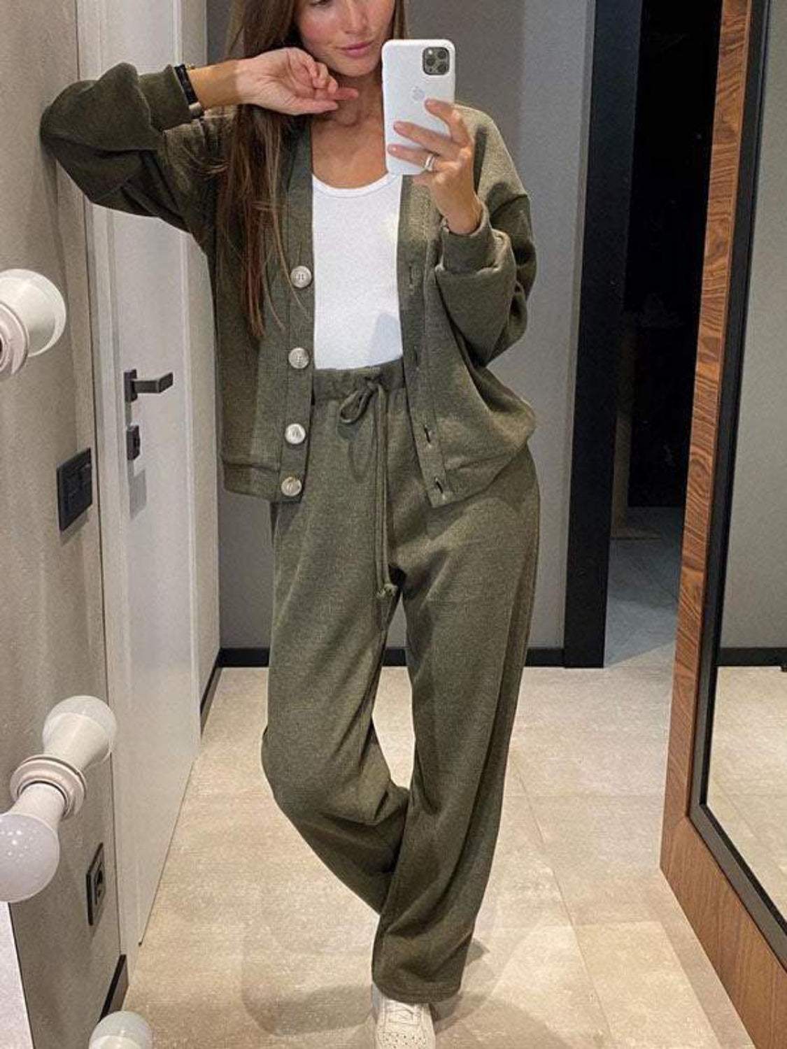 Full Size Button Up Long Sleeve Top and Pants Set - Trendsi - Flyclothing LLC