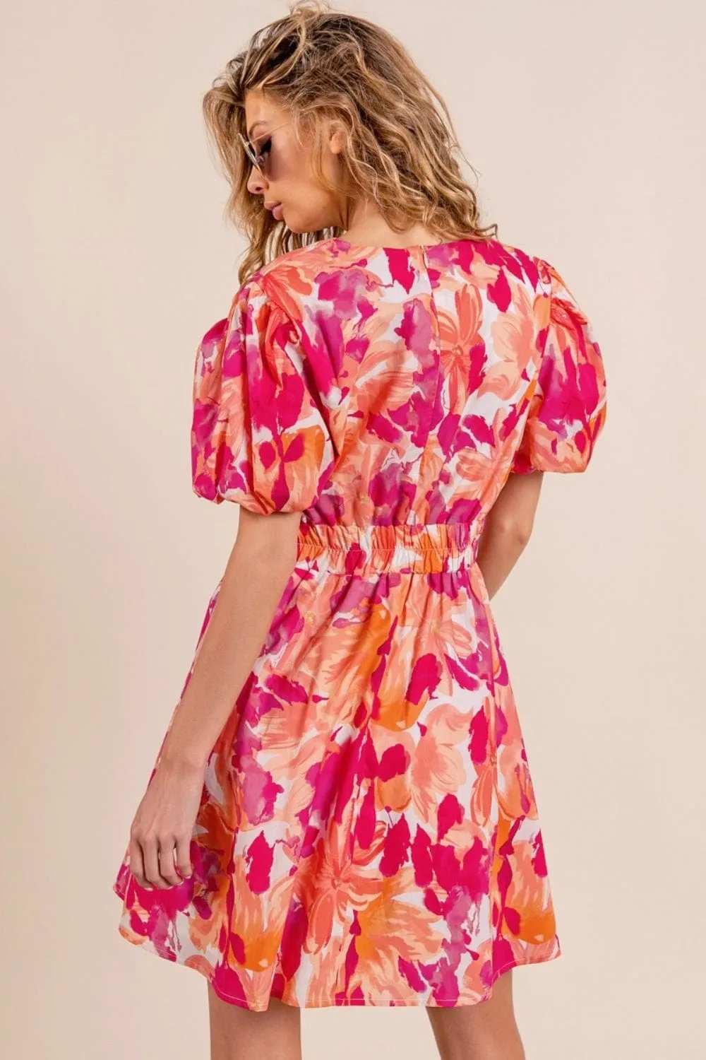 BiBi Floral V-Neck Puff Sleeve Mini Dress - Trendsi - Flyclothing LLC
