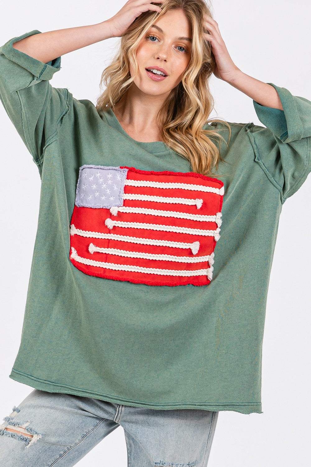 SAGE + FIG Full Size American Flag Patch Drop Shoulder T-Shirt - Trendsi - Flyclothing LLC