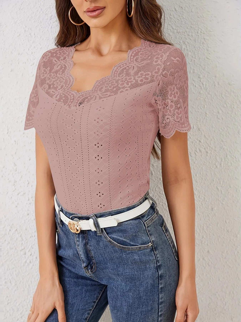 Lace Trim Eyelet Embroidered Summer T-Shirt - Trendsi - Flyclothing LLC