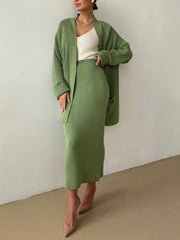 Pocketed Long Sleeve Cardigan and Skirt Sweater Set - Trendsi