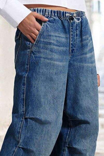 Drawstring Waist Wide Leg Shirred Jeans - Trendsi - Flyclothing LLC