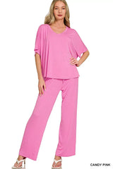 Zenana V-neck Oversized Top & Pants Set - Trendsi - Flyclothing LLC
