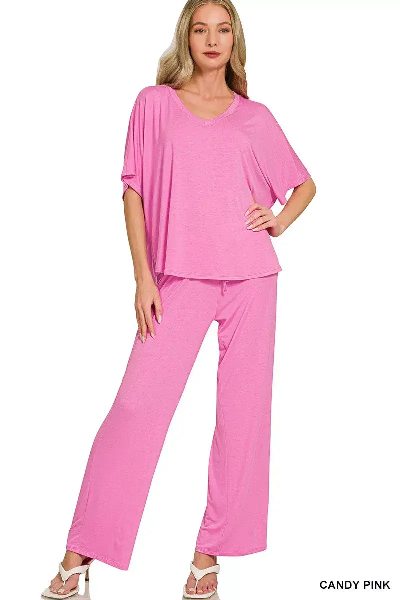 Zenana V-neck Oversized Top & Pants Set - Trendsi - Flyclothing LLC