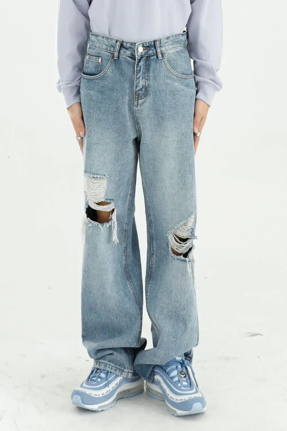 Distressed Wide Leg Jeans with Pockets - Trendsi - Flyclothing LLC