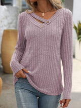 Ribbed V-Neck Long Sleeve T-Shirt - Trendsi - Flyclothing LLC