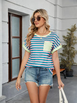 Striped Round Neck Short Sleeve T-Shirt - Trendsi - Flyclothing LLC