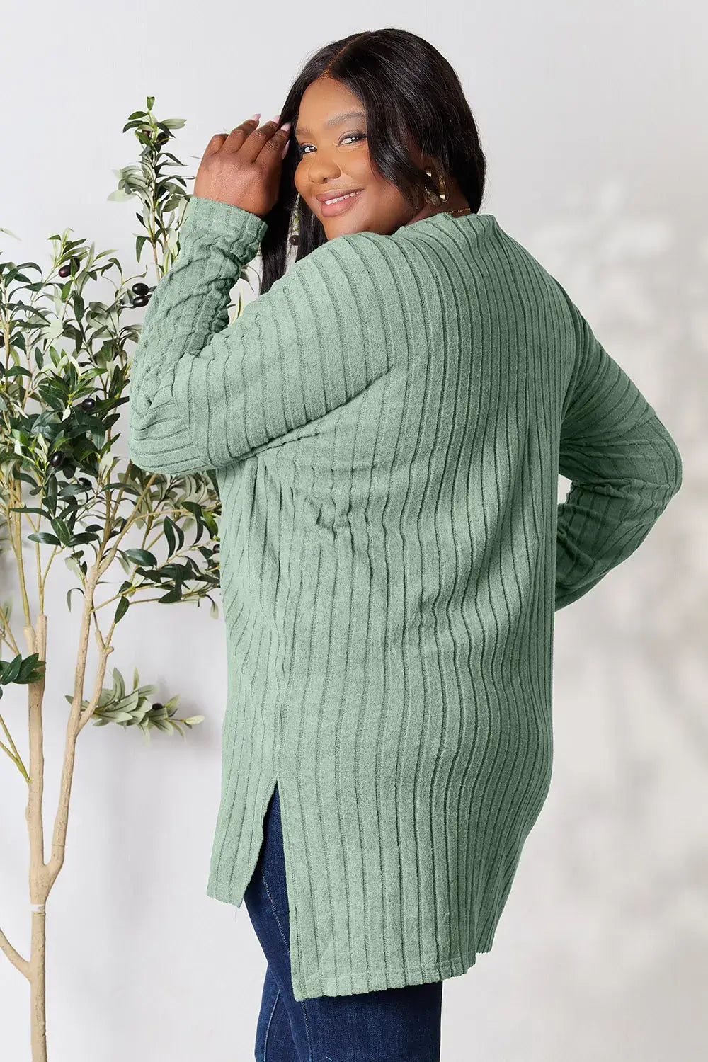 Basic Bae Full Size Ribbed Round Neck Long Sleeve Slit Top - ShopBasicbae - Flyclothing LLC