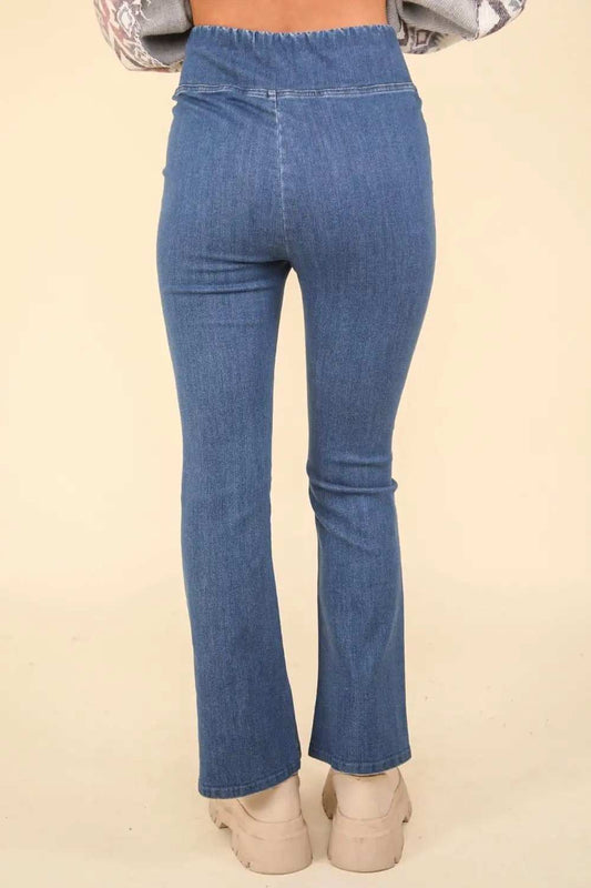 VERY J Washed Denim Stretchy Crossover Waist Leggings - Trendsi - Flyclothing LLC