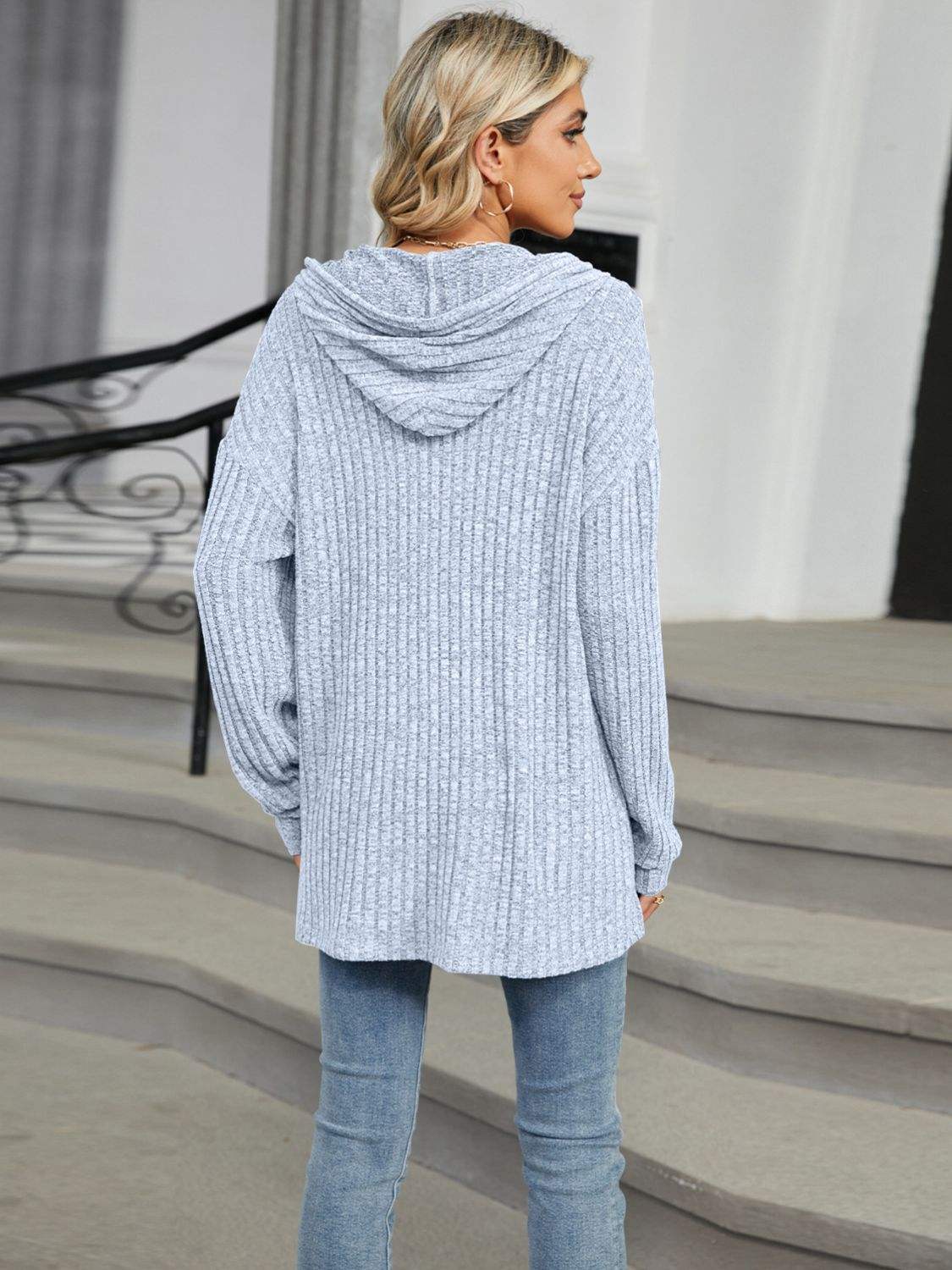 Half Button Long Sleeve Hooded Top - Trendsi - Flyclothing LLC