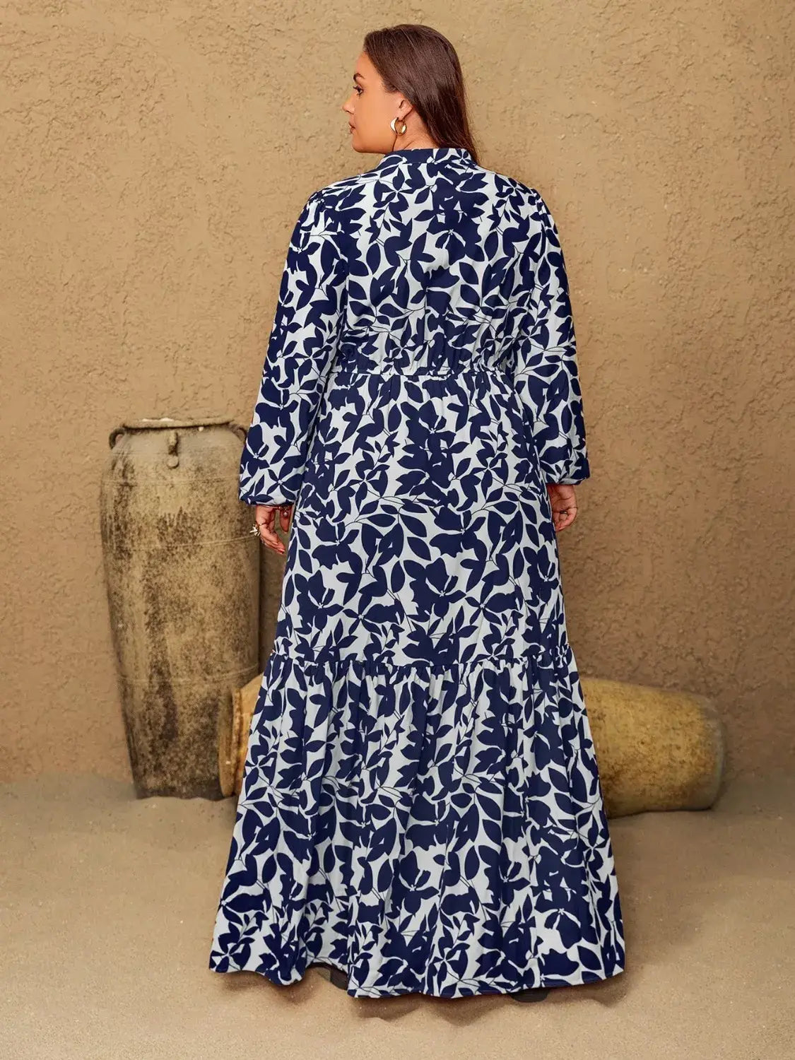 Plus Size Floral Print Notched Long Sleeve Maxi Dress - Trendsi - Flyclothing LLC