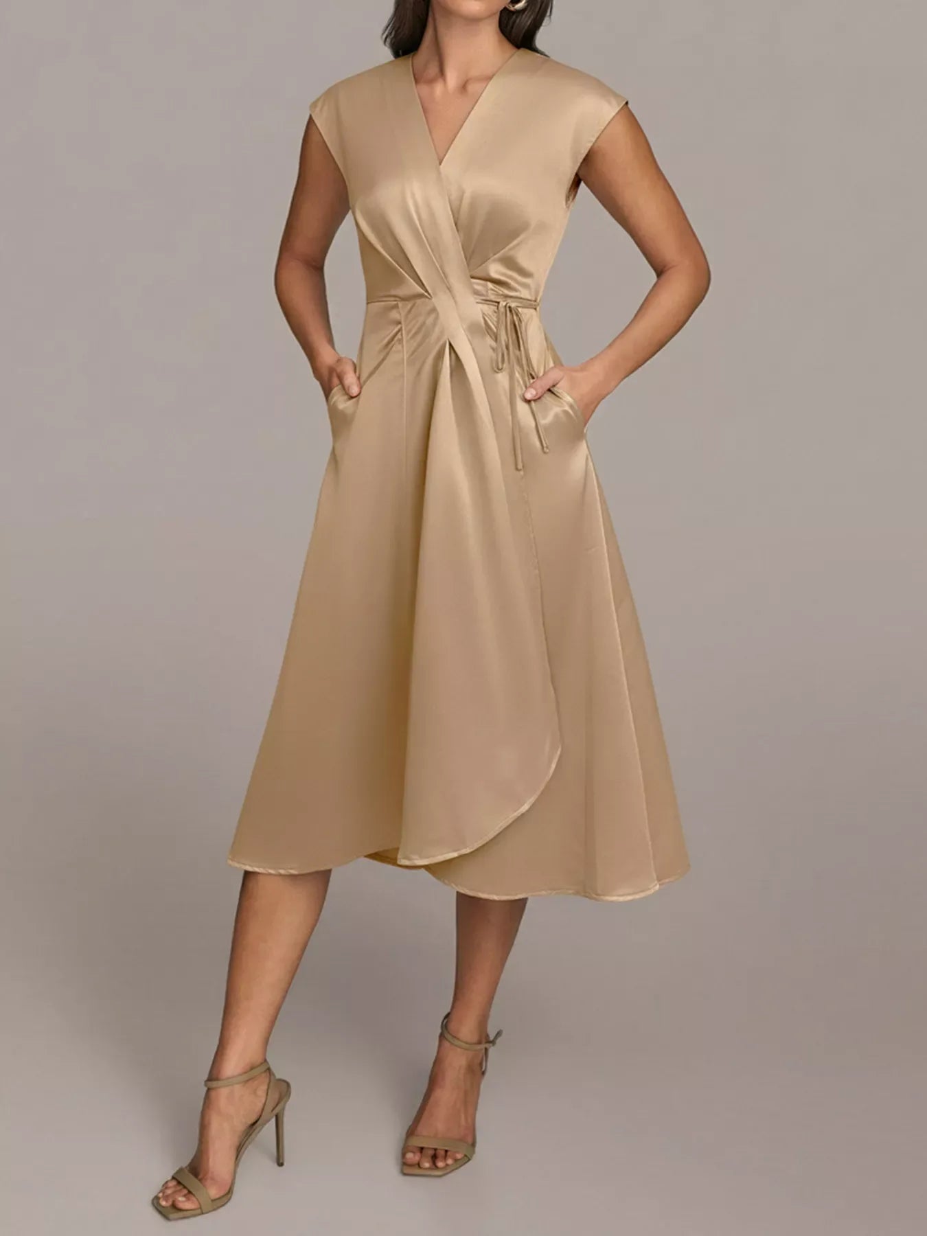 Satin Wrap Midi Dress with Pockets - Trendsi - Flyclothing LLC