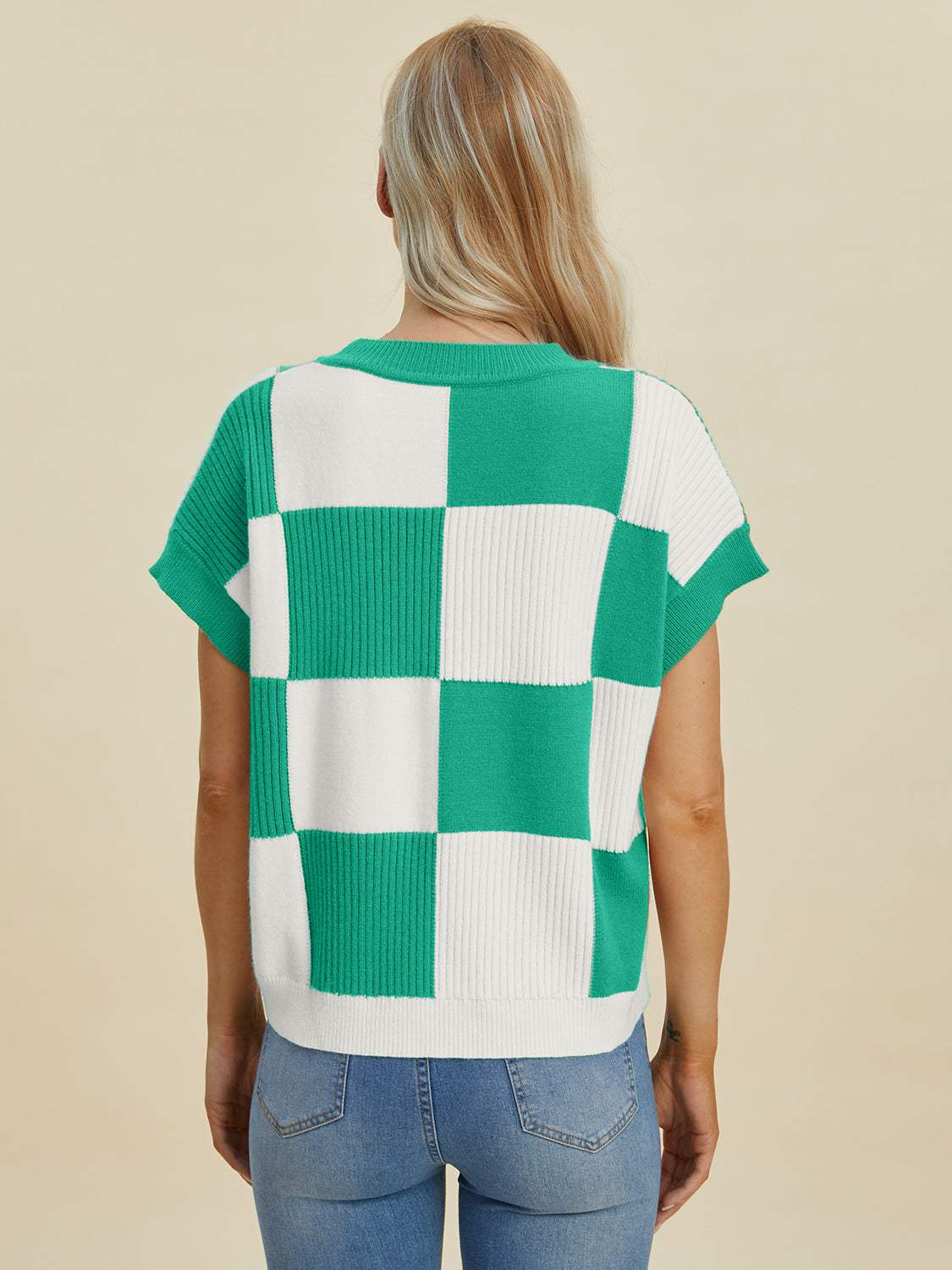 Double Take Full Size Checkered Round Neck Short Sleeve Sweater - Trendsi - Flyclothing LLC
