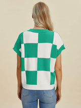 Double Take Full Size Checkered Round Neck Short Sleeve Sweater - Trendsi - Flyclothing LLC
