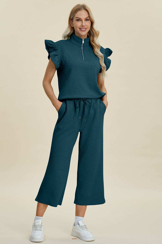 Double Take Full Size Texture Ruffle Short Sleeve Top and Wide Leg Pants Set - Trendsi - Flyclothing LLC