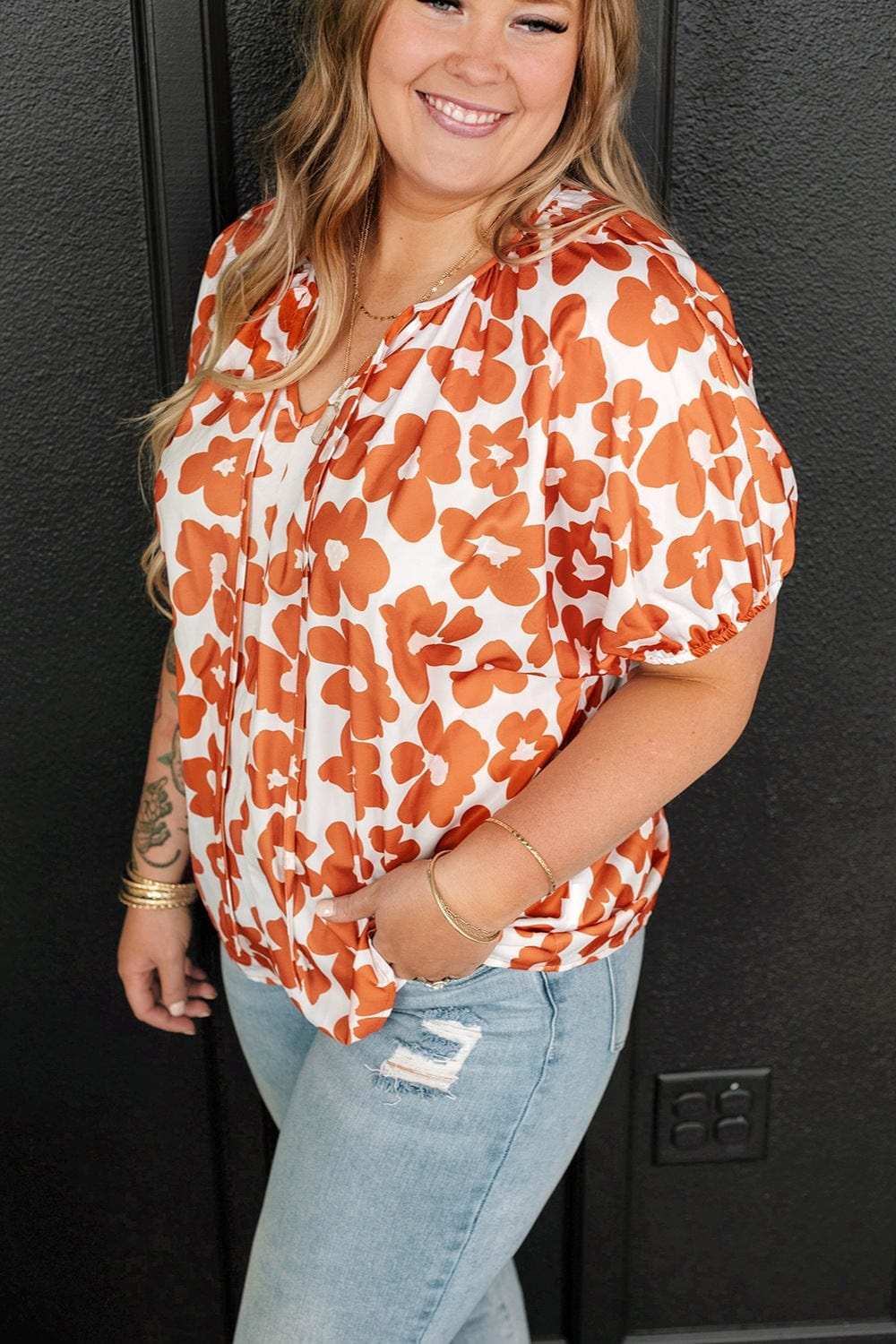 Plus Size Printed Tie Neck Short Sleeve Blouse - Trendsi - Flyclothing LLC