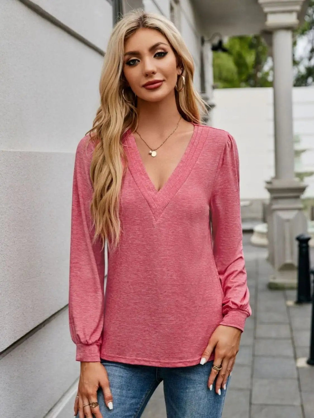 V-Neck Long Sleeve T-Shirt - Trendsi
