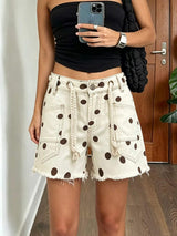 Polka Dot Denim Shorts with Braided Drawstring - Trendsi - Flyclothing LLC