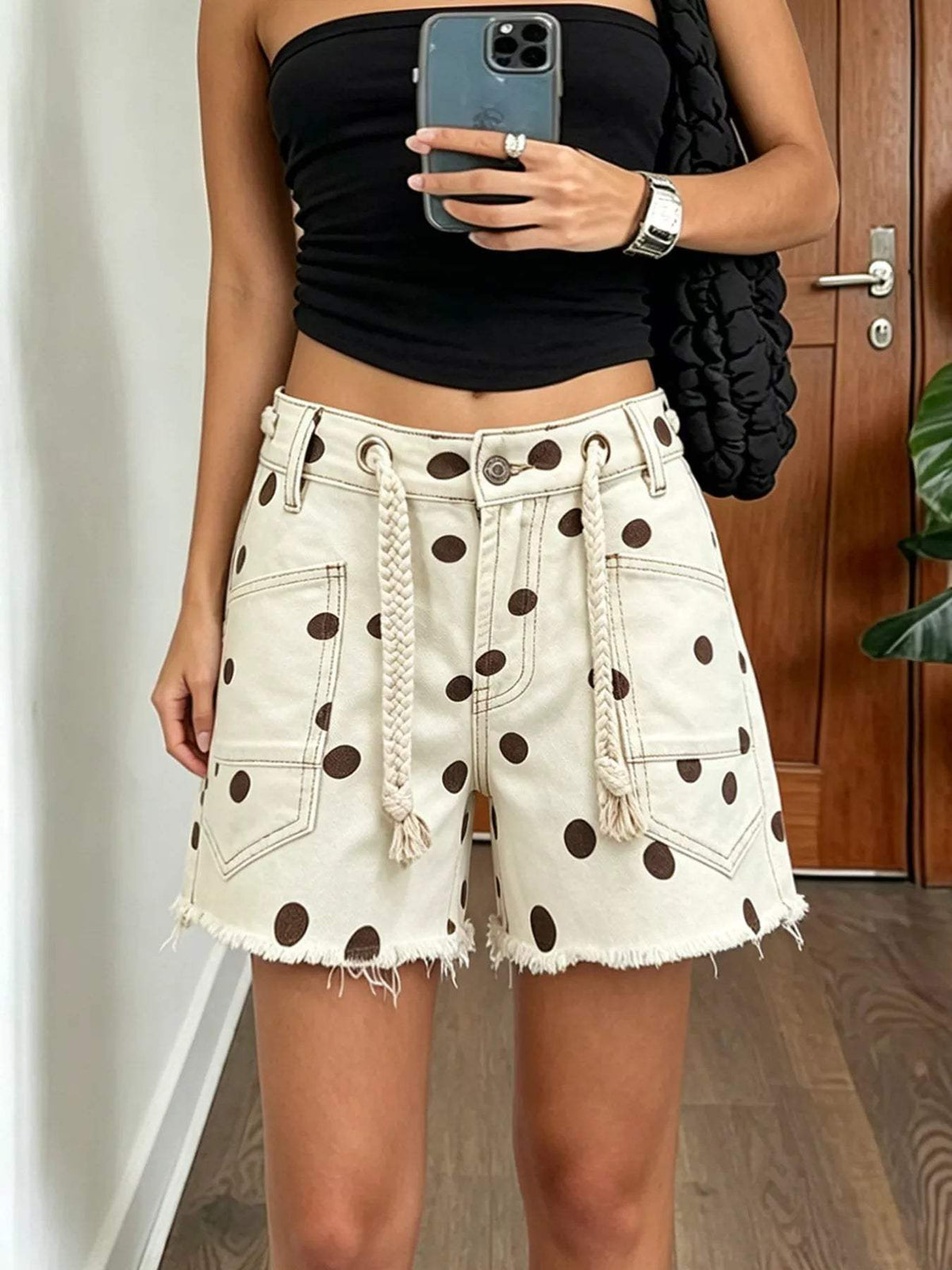 Polka Dot Denim Shorts with Braided Drawstring - Trendsi - Flyclothing LLC