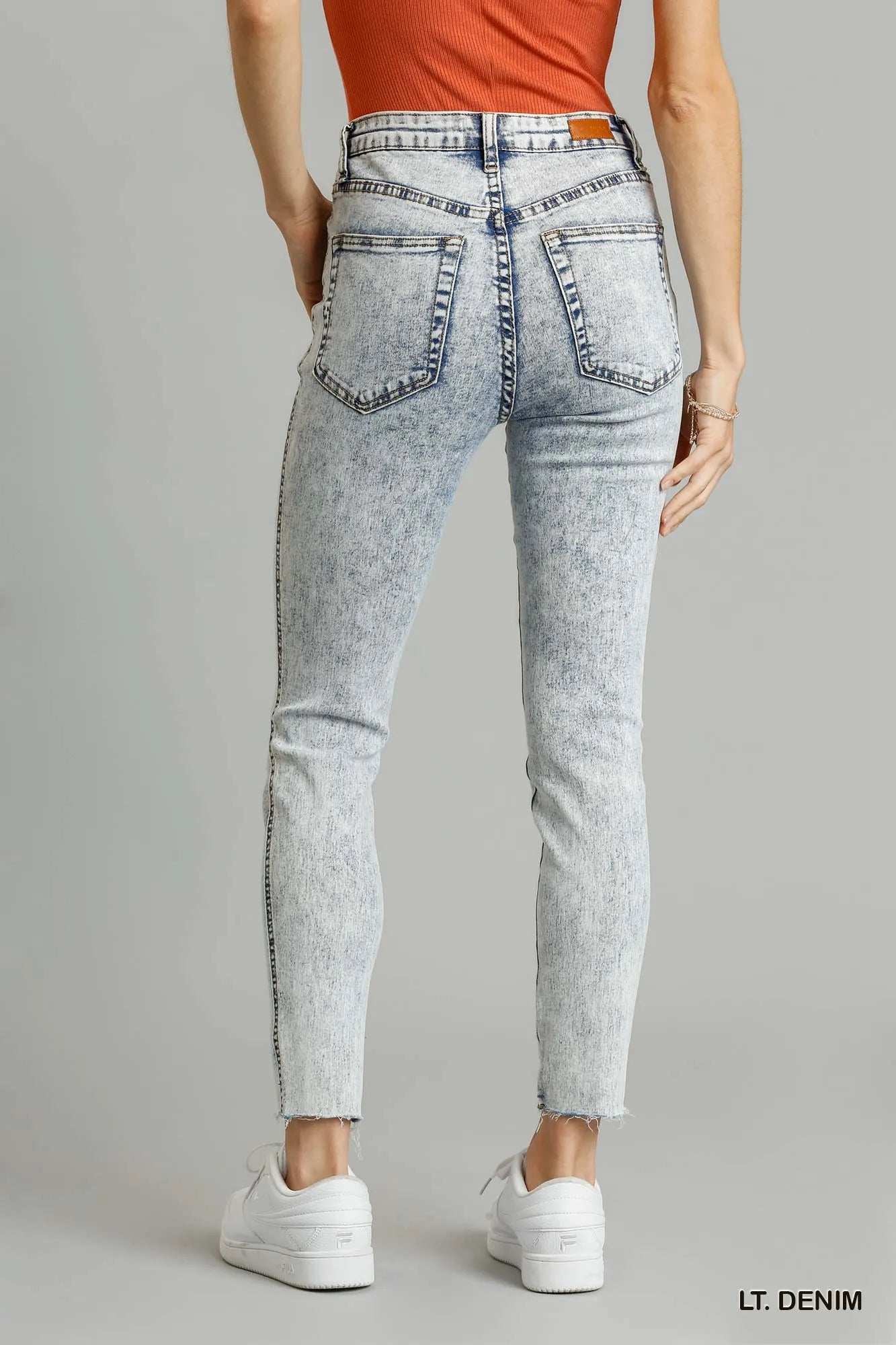 Umgee 5-Pockets Distressed Detail Stretch Denim Skinny Jeans with Unfinished Hem - Trendsi - Flyclothing LLC