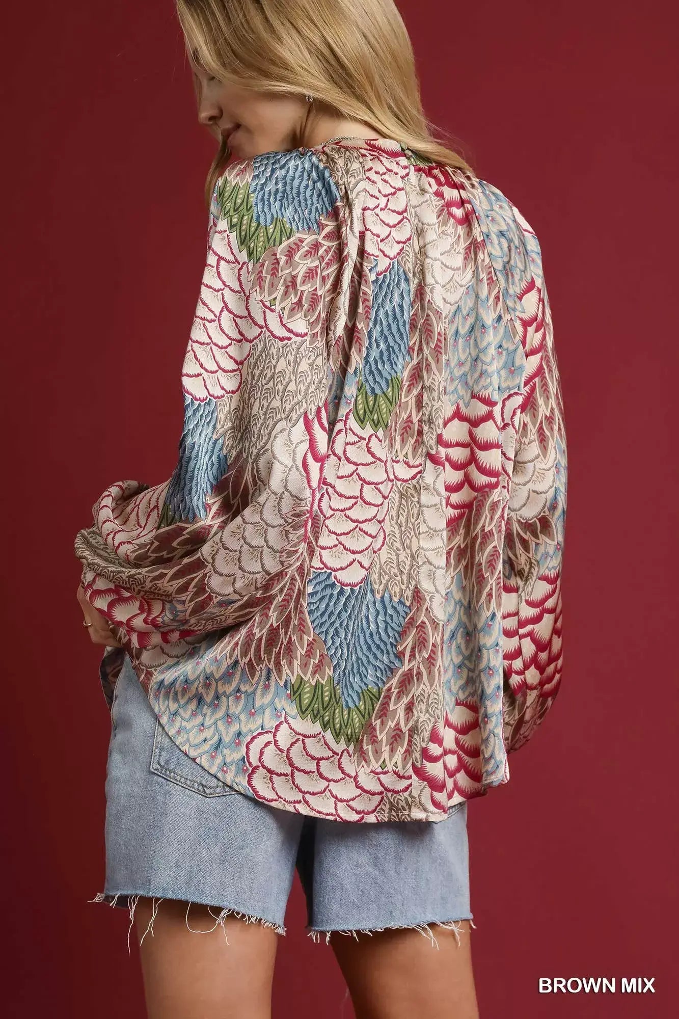 Umgee Boho Feather Print Peasant Blouse - Trendsi - Flyclothing LLC