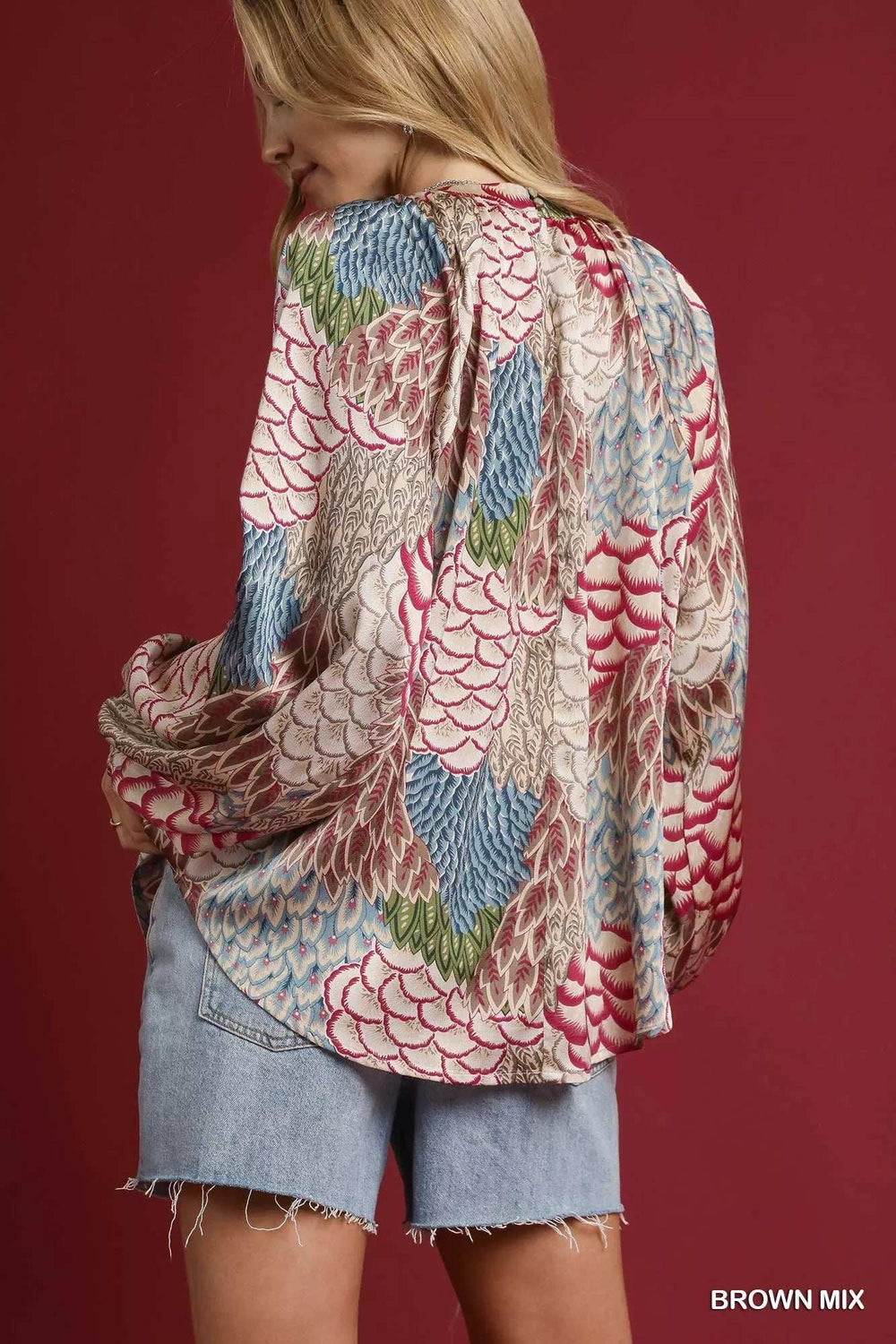 Umgee Boho Feather Print Peasant Blouse - Trendsi - Flyclothing LLC
