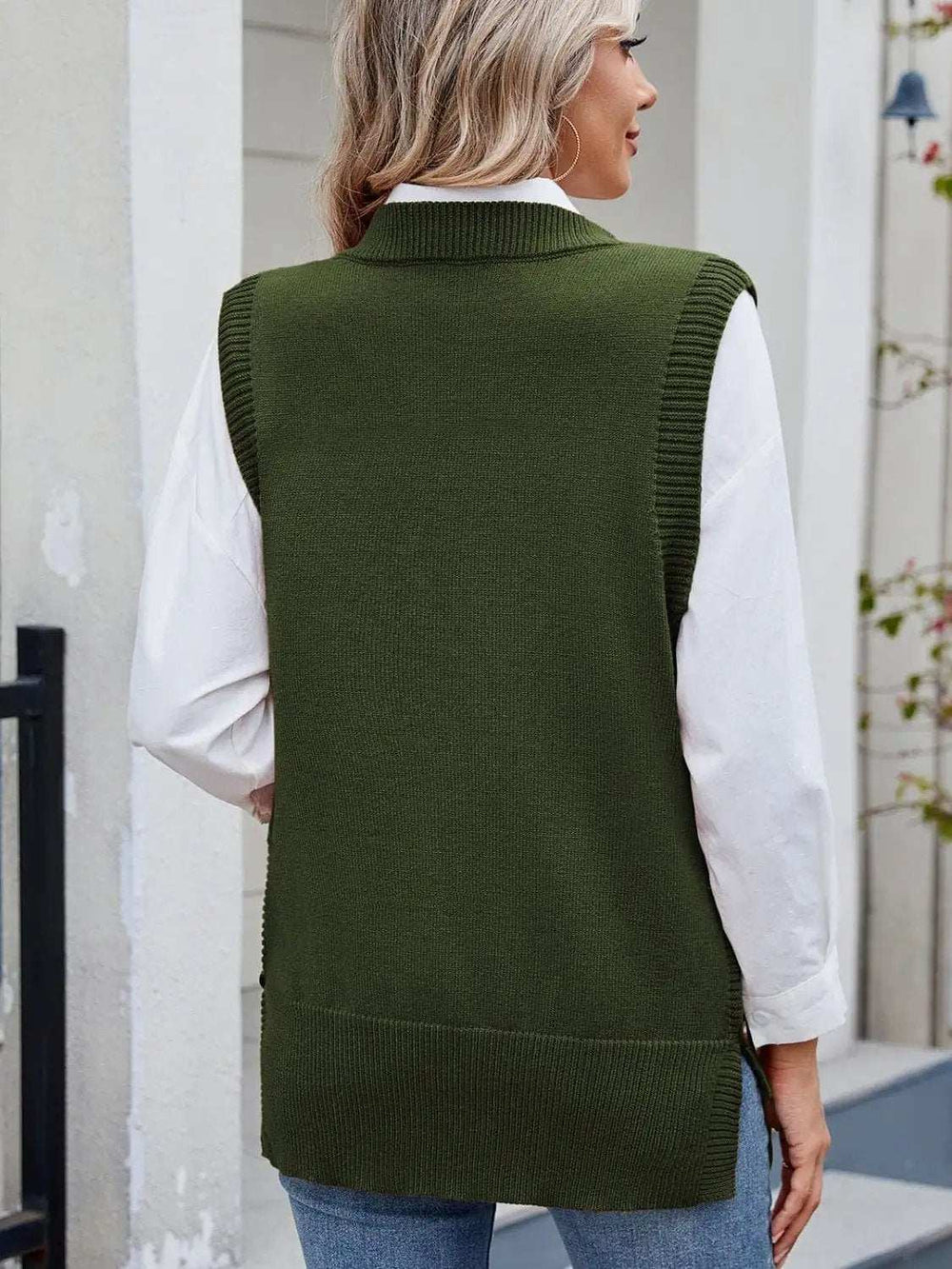 Buttoned Round Neck Sweater Vest - Trendsi - Flyclothing LLC