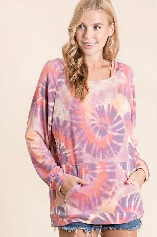 BiBi Circular Tie Dye Print Terry Hoodie with Kangaroo - Trendsi - Flyclothing LLC