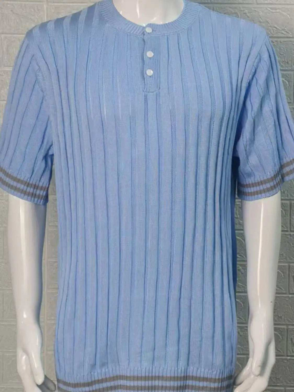 Men's Plus Size Ribbed Quarter Button Round Neck Striped Trim Polo - Trendsi - Flyclothing LLC