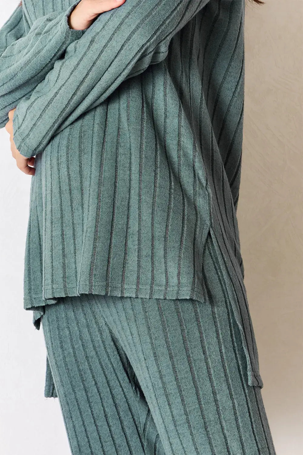 Basic Bae Full Size Ribbed Round Neck High-Low Slit Top and Pants Set - ShopBasicbae - Flyclothing LLC