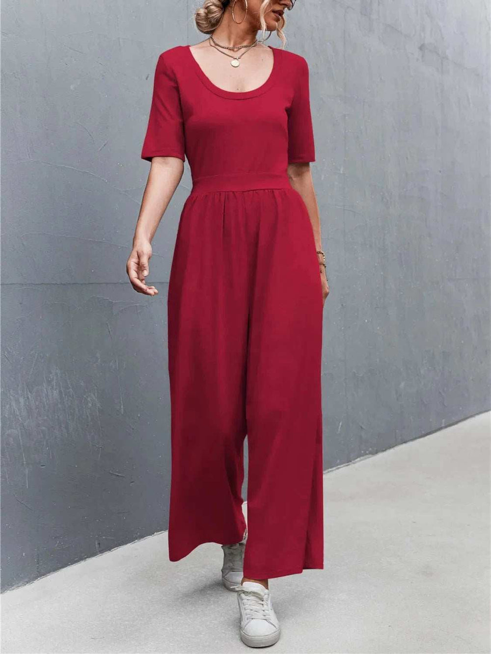Scoop Neck Short Sleeve Jumpsuit - Trendsi - Flyclothing LLC
