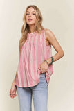 ADORA Contrast Striped Frill Round Neck Sleeveless Top - Trendsi