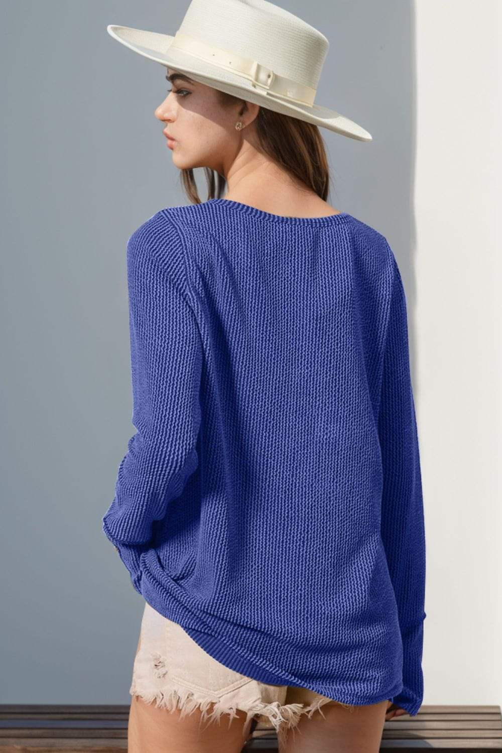 Double Take Full Size Notched Thumbhole Long Sleeve T-Shirt - Trendsi - Flyclothing LLC