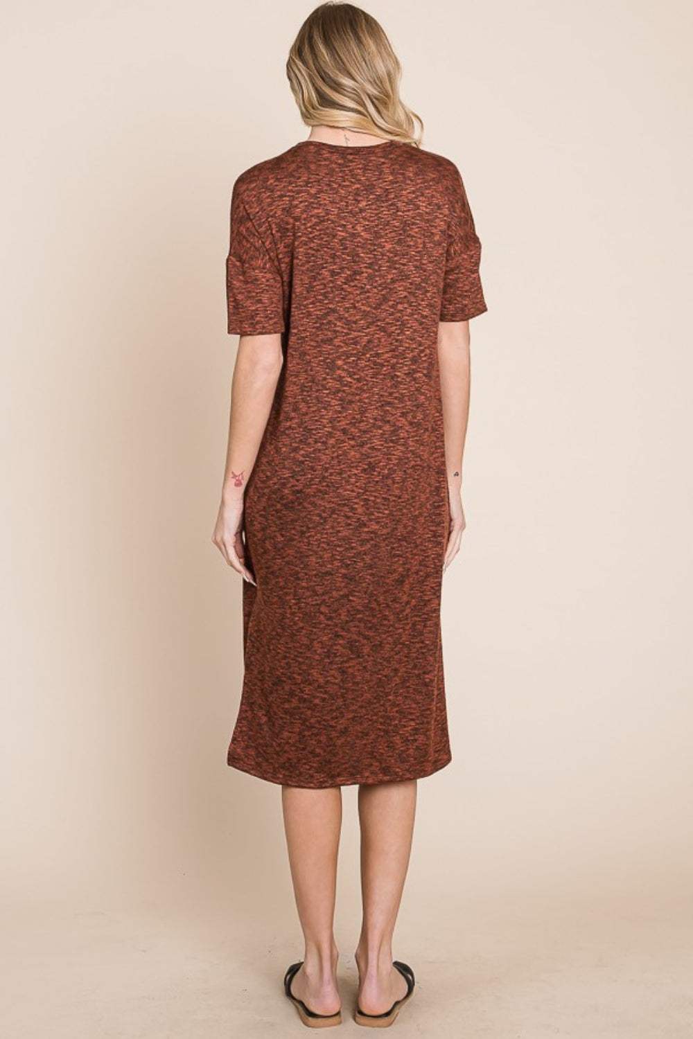 BOMBOM Round Neck Side Slit Midi Dress - Trendsi - Flyclothing LLC