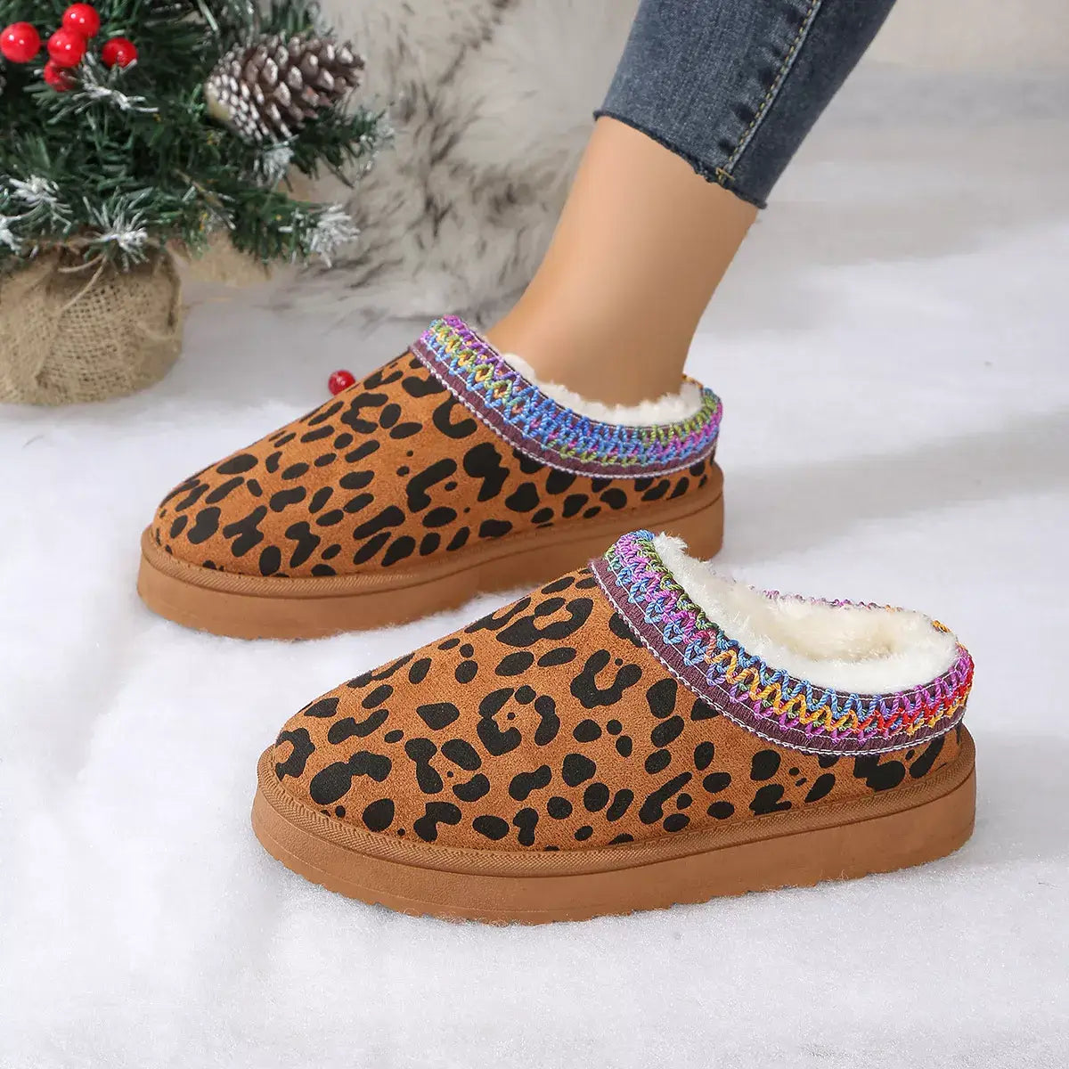 Leopard Print Plush Lined Warm Slip-Ons - Trendsi - Flyclothing LLC