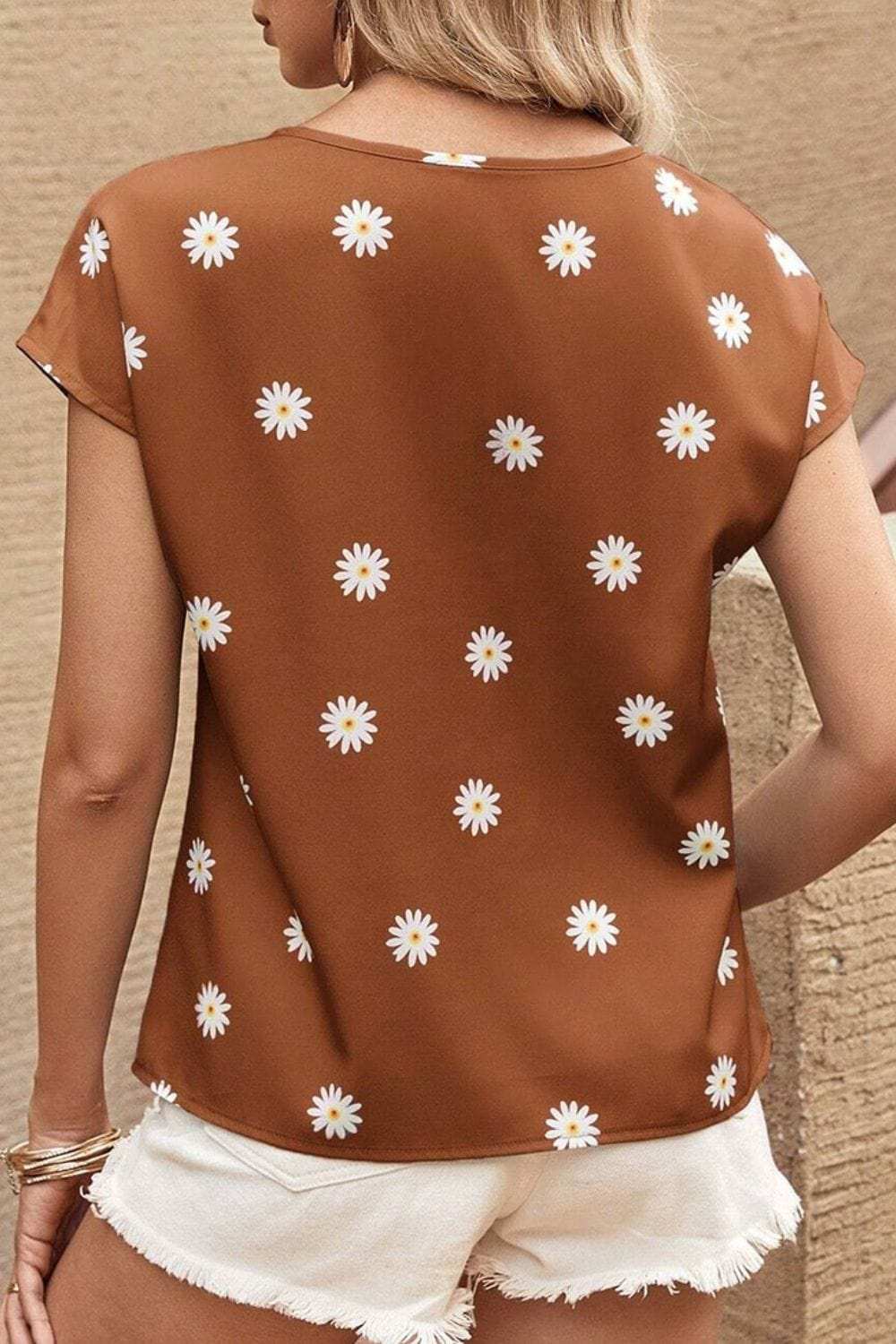 Daisy Printed Round Neck Short Sleeve Blouse - Trendsi - Flyclothing LLC