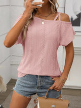 Eyelet Asymmetrical Shoulder Short Sleeve T-Shirt - Trendsi - Flyclothing LLC