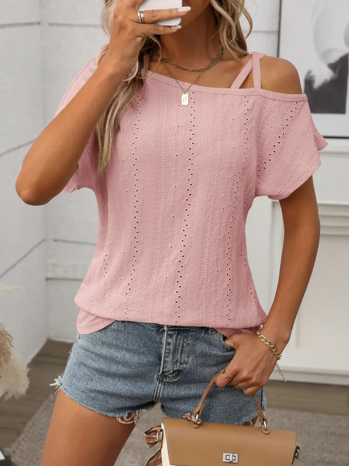 Eyelet Asymmetrical Shoulder Short Sleeve T-Shirt - Trendsi - Flyclothing LLC