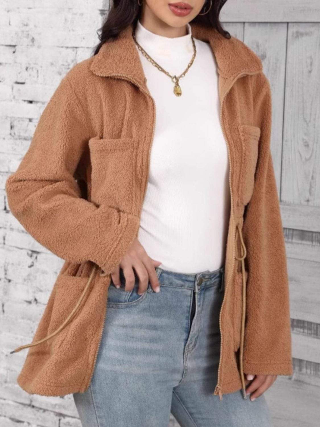 Drawstring Zip Up Long Sleeve Outerwear - Trendsi - Flyclothing LLC