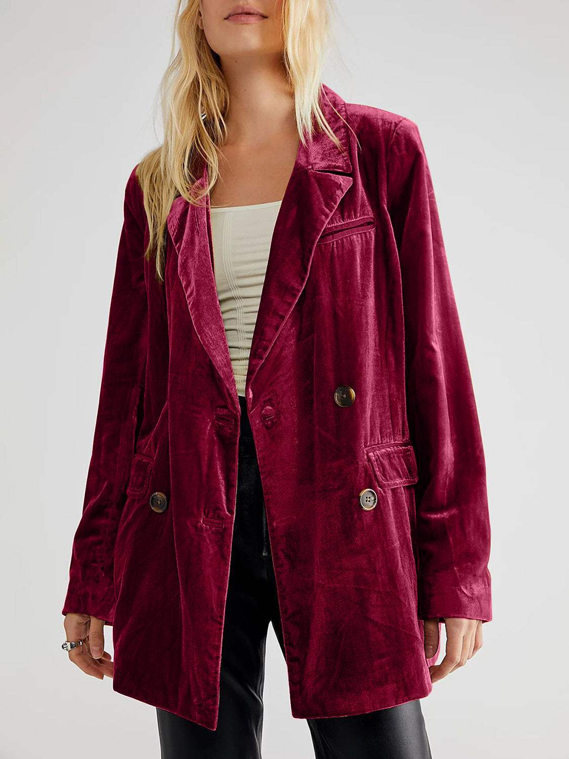 Lapel Collar Long Sleeve Blazer with Pockets - Trendsi - Flyclothing LLC