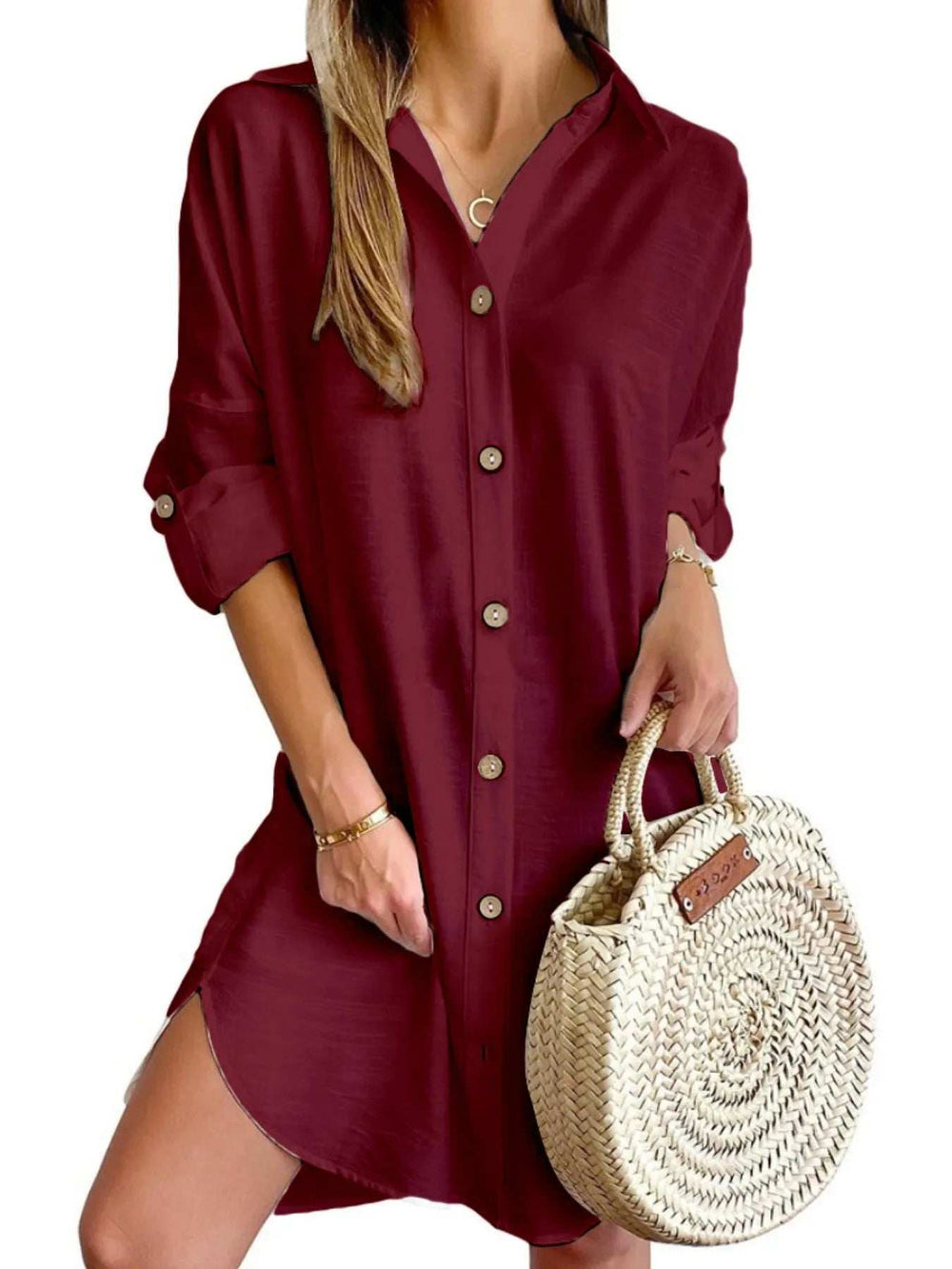 Button Down Long Sleeve Shirt Dress - Trendsi - Flyclothing LLC
