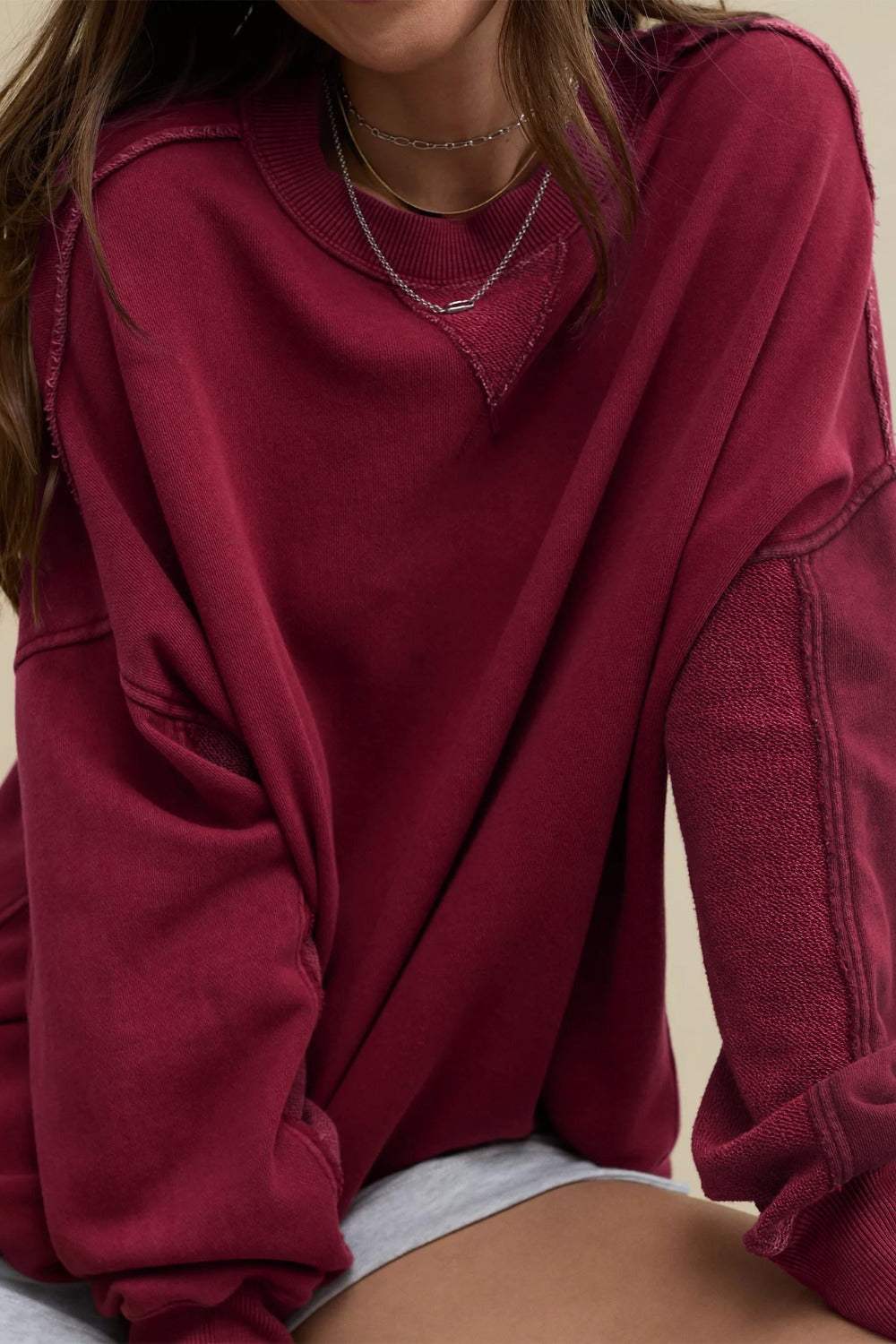 Side Slit Round Neck Long Sleeve Sweatshirt - Trendsi - Flyclothing LLC