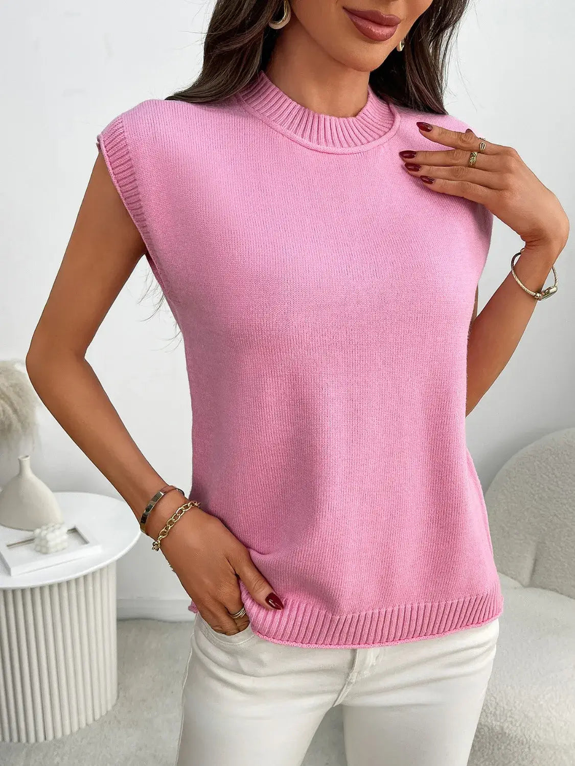 Mock Neck Cap Sleeve Knit Top - Trendsi - Flyclothing LLC