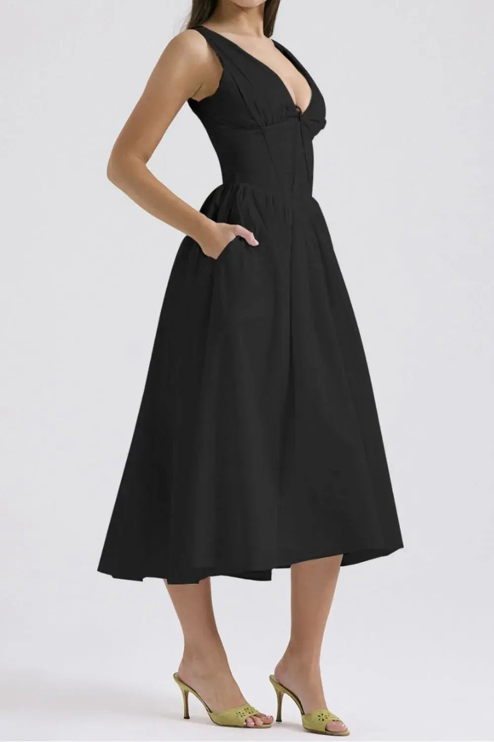Ruched V-Neck Sleeveless Dress with Pockets - Trendsi - Flyclothing LLC