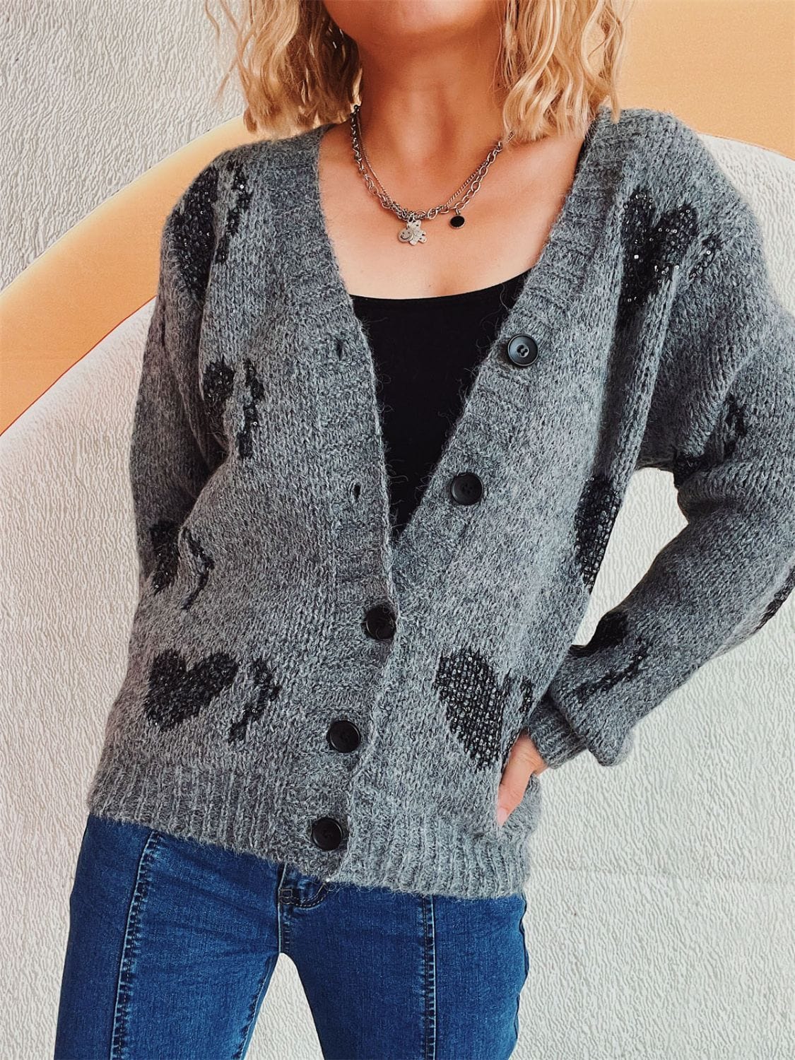 Heart Button Up Long Sleeve Cardigan - Trendsi