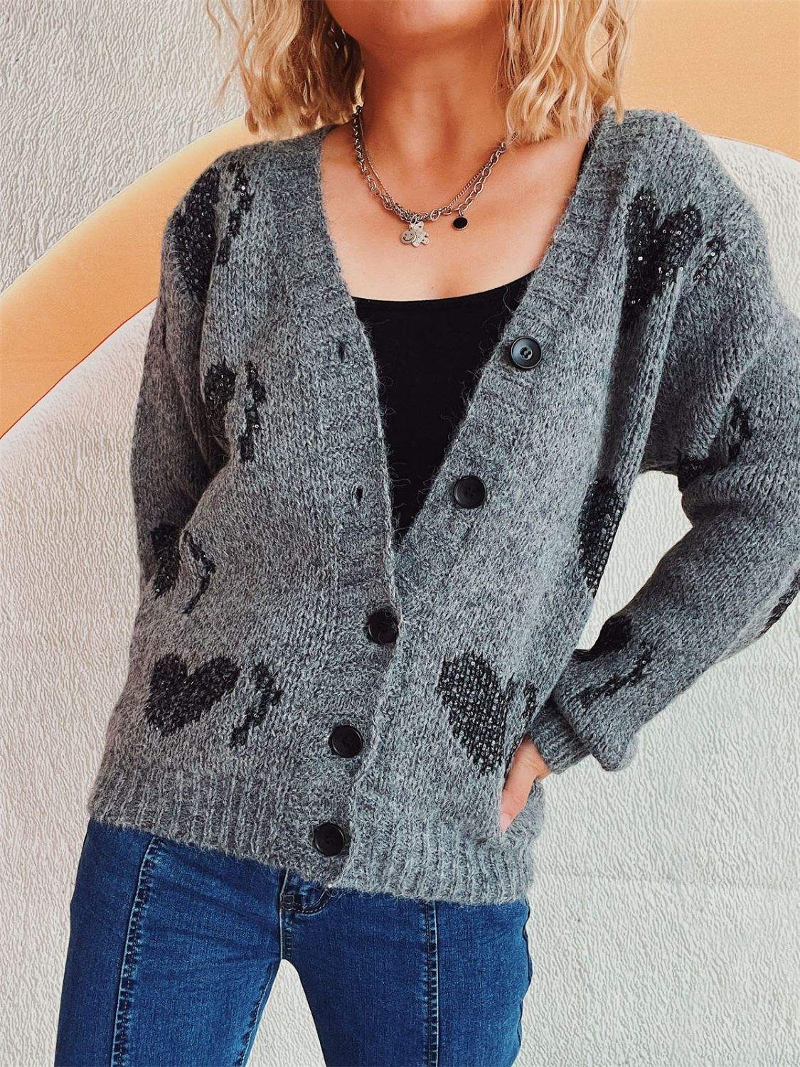 Heart Button Up Long Sleeve Cardigan - Trendsi - Flyclothing LLC
