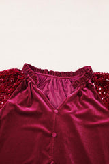 Sequin Notched Long Sleeve Blouse - Trendsi - Flyclothing LLC