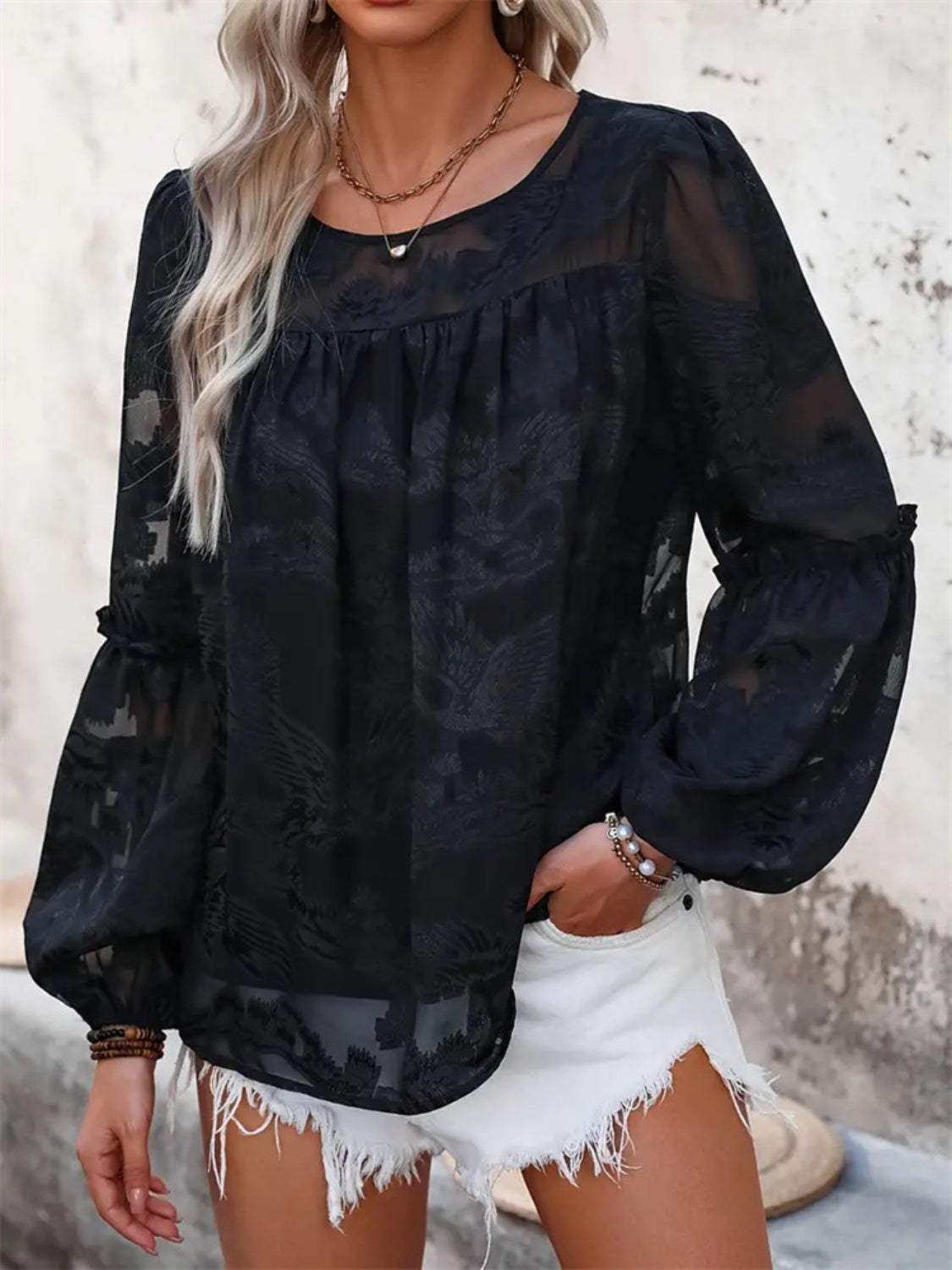 Round Neck Balloon Sleeve Blouse - Trendsi - Flyclothing LLC
